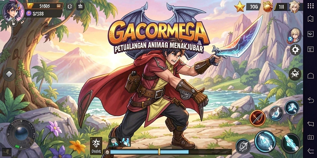 Tampilan gameplay GACORMEGA yang penuh aksi dan karakter anime.
