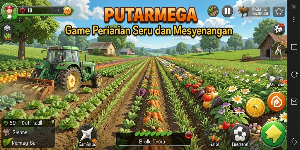 Screenshot utama PUTARMEGA menampilkan gameplay bertani yang interaktif.
