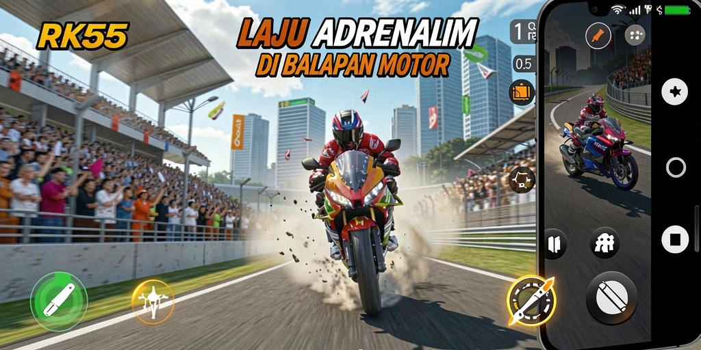 Screenshot RK55 menampilkan aksi balapan motor yang intens.