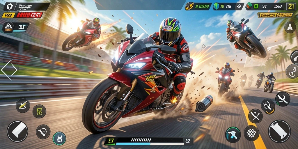Screenshot gameplay V21 menunjukkan aksi balapan motor yang mendebarkan.